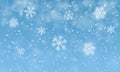 Christmas snow. Falling snowflakes on blue background. Snowfall. Vector illustration Royalty Free Stock Photo