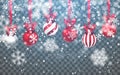 Christmas snow. Falling snowflakes on dark background. Snowfall. New Year background with christmas ball. Vector illustration Royalty Free Stock Photo