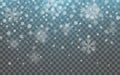 Christmas snow. Falling snowflakes on dark background. Snowflake transparent decoration effect. Xmas snow flake pattern. Magic Royalty Free Stock Photo