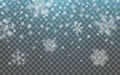 Christmas snow. Falling snowflakes on dark background. Snowflake transparent decoration effect. Xmas snow flake pattern. Magic Royalty Free Stock Photo