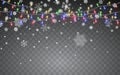 Christmas snow. Falling white snowflakes on dark background. Xmas Color garland, festive decorations. Glowing christmas lights. Royalty Free Stock Photo