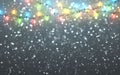 Christmas snow. Falling white snowflakes on dark background. Xmas Color garland, festive decorations. Glowing christmas lights. Royalty Free Stock Photo