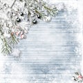 Christmas snow firtree with holly, jingle bells, snowflakes on w Royalty Free Stock Photo