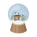 Christmas snow globe in cartoon style. A snow globe with a cozy house in the forest and Christmas trees in the Royalty Free Stock Photo