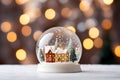 Christmas snow globe. Cute cozy town and snowflakes inside. Blurred background, bokeh texture. AI Generative Royalty Free Stock Photo