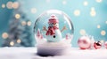 Christmas snow globe with cute snowman. Magical snow globe with Christmas decorations. A wintry scene. Royalty Free Stock Photo