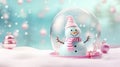 Christmas snow globe with cute snowman. Winter background with magical snow globe with Christmas decorations. A wintry Royalty Free Stock Photo