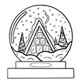 Christmas snow globe in doodle style. Festive glass ball with Christmas trees, snow and a house. Winter souvenir toy Royalty Free Stock Photo