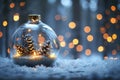 Christmas snow globe on christmas eve with snowfall and soft blue abstract background Royalty Free Stock Photo