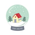 Christmas Snow globe with falling snow, cute house and Xmas trees illustration. Royalty Free Stock Photo