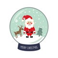 Christmas Snow globe with the falling snow, Santa Claus, Xmas tree and deer illustration. Royalty Free Stock Photo