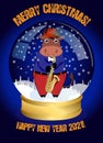 Christmas snow globe. Funny Christmas bull plays on the saxaphone and congratulates on the holidays.