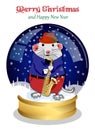 Christmas snow globe. Funny Christmas mouse plays a musical instrument and congratulates on the holidays. Royalty Free Stock Photo