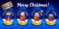 Christmas snow globe. Funny Christmas mouse plays a musical instrument and congratulates on the holidays. Royalty Free Stock Photo