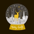 Christmas snow globe with golden deer, firs and snowflakes