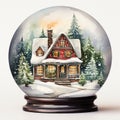 Christmas Snow Globe Illustration with Sparkling Snow, Cozy House Snowball Holiday Decoration, generative AI Royalty Free Stock Photo