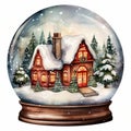 Christmas Snow Globe Illustration with Sparkling Snow, Cozy House Snowball Holiday Decoration, generative AI Royalty Free Stock Photo