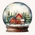 Christmas Snow Globe Illustration with Sparkling Snow, Cozy House Snowball Holiday Decoration, generative AI Royalty Free Stock Photo