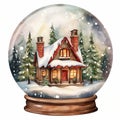 Christmas Snow Globe Illustration with Sparkling Snow, Cozy House Snowball Holiday Decoration, generative AI Royalty Free Stock Photo