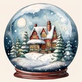 Christmas Snow Globe Illustration with Sparkling Snow, Cozy House Snowball Holiday Decoration, generative AI Royalty Free Stock Photo