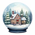 Christmas Snow Globe Illustration with Sparkling Snow, Cozy House Snowball Holiday Decoration, generative AI Royalty Free Stock Photo