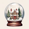 Christmas Snow Globe Illustration with Sparkling Snow, Cozy House Snowball Holiday Decoration, generative AI Royalty Free Stock Photo