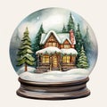 Christmas Snow Globe Illustration with Sparkling Snow, Cozy House Snowball Holiday Decoration, generative AI Royalty Free Stock Photo