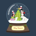 Christmas snow globe with penguins and bear vector illustration Royalty Free Stock Photo