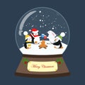Christmas snow globe with penguins and rabbit Royalty Free Stock Photo