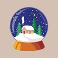 Christmas snow globe with a small house in fir-tree winter forest with snowfall. Royalty Free Stock Photo