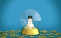 Christmas snow globe with snowman and golden snow flakes with blue background Royalty Free Stock Photo