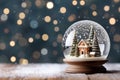 Christmas snow globe standing on table. Cute cozy town and snowflakes. Blurred background, bokeh texture. AI Generative Royalty Free Stock Photo