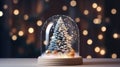 Christmas Snow globe, transparent glass dome with white snowdrift, glow garland, home. generative ai Royalty Free Stock Photo