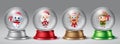Christmas snow globe vector set. Christmas characters like snowman, santa claus, reindeer and elf in crystal ball element for xmas Royalty Free Stock Photo