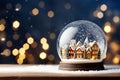 Christmas snow globe on wooden table with snowflakes and cozy town. Blurred background, bokeh. AI Generative. Royalty Free Stock Photo