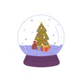 Christmas snow globe with Xmas fir tree and gifts inside. Glass crystal ball with snowflakes, holiday firtree and Royalty Free Stock Photo