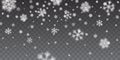 Christmas snow. Heavy snowfall. Falling snowflakes on transparent background. White snowflakes flying in the air. Vector Royalty Free Stock Photo