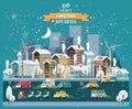 Christmas snow night town with city roads, cars and cute houses. Happy New Year vector template in modern flat design.