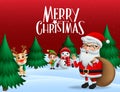 Christmas in snow vector banner background. Merry christmas greeting text with xmas characters. Royalty Free Stock Photo