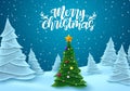 Christmas in snow vector banner design. Merry christmas greeting text with xmas tree element in snow flakes and snowy fir trees. Royalty Free Stock Photo