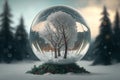 Christmas snowball. Winter seasonal theme, snow and forest in a glass sphere in nature. Generative AI