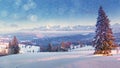 Christmas landscape. Christmas snowfall. Beautiful winter morning in mountains Royalty Free Stock Photo