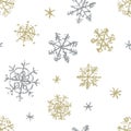 Christmas snowflake hand drawing seamless pattern on white. Like child`s drawing crayon or pencil gold and silver color snow. Royalty Free Stock Photo
