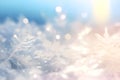 Christmas snowflakes background. Winter banner with fluffy snow flakes on light blue blurred bokeh background. Festive template Royalty Free Stock Photo