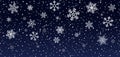 Christmas snowflakes on blue background. Snowfall on winter. White snow stars for xmas holidays. Abstract frozen pattern. Glow Royalty Free Stock Photo