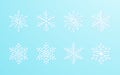 Christmas snowflakes collection white isolated on blue gradient background. Cute snow icons with intricate silhouette Royalty Free Stock Photo
