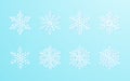 Christmas snowflakes collection white isolated on blue gradient background. Cute snow icons with intricate silhouette Royalty Free Stock Photo