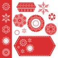 Christmas snowflakes or lace design elements on red tag with white stiches