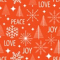 Christmas snowflakes seamless vector pattern. Modern graphic Christmas trees stars holiday background red white. Peace Love Joy Royalty Free Stock Photo