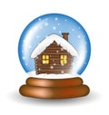 Christmas snowglobe with cabin cartoon design, icon, symbol for card. Winter transparent glass ball with the falling snow. Vector